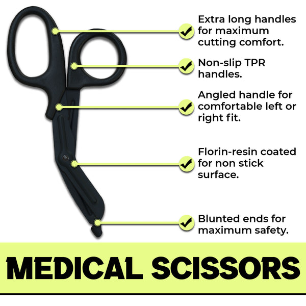 TapeGeeks medical scissors featuring extra-long non-slip TPR handles, angled design, non-stick coated blades, and blunted ends for maximum safety.