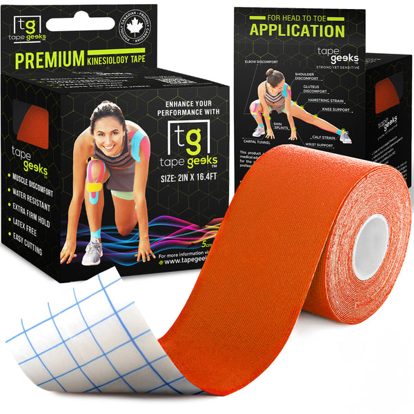 Orange TapeGeeks premium kinesiology tape roll next to branded packaging, used for muscle relief, performance support, and faster recovery.