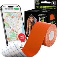 Orange TapeGeeks premium kinesiology tape roll next to branded packaging, used for muscle relief, performance support, and faster recovery.