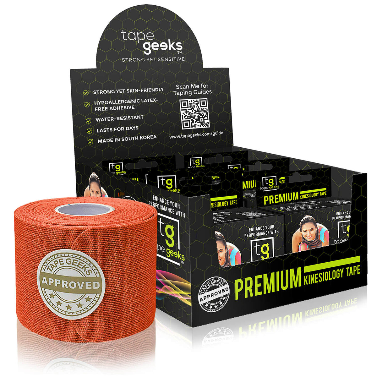 Orange kinesiology tape by TapeGeeks for energetic, skin-friendly muscle and joint stabilization.