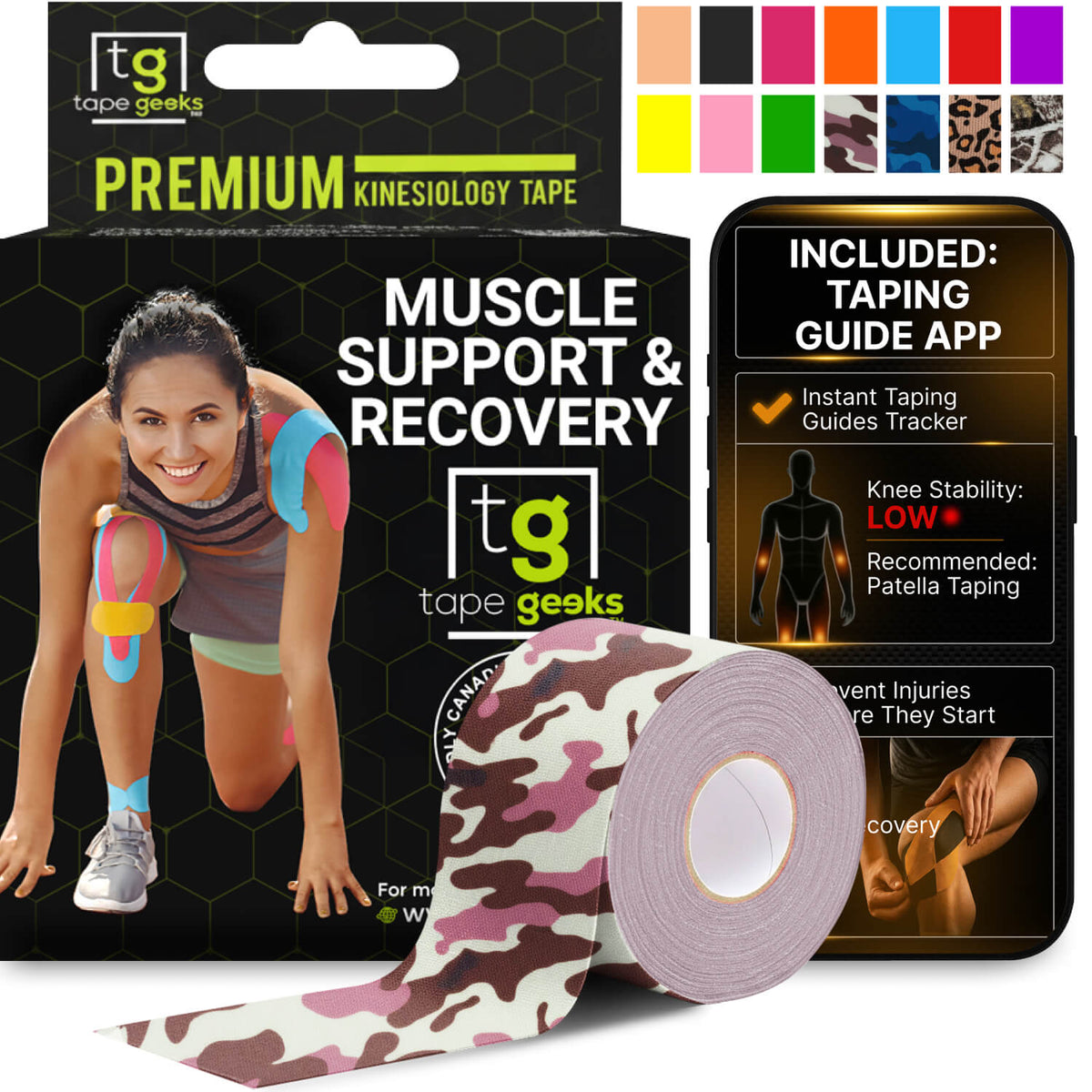 TapeGeeks 2-inch pink camouflage kinesiology tape designed for muscle support, injury prevention, and recovery with hypoallergenic, latex-free adhesive for athletes and active lifestyles.
