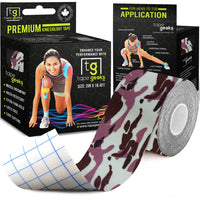 Pink camo TapeGeeks kinesiology tape roll beside packaging, designed for muscle stabilization, pain reduction, and all-sport performance.
