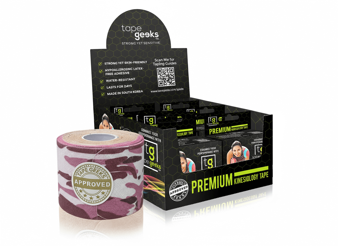 Pink camo kinesiology tape by TapeGeeks offers strong, skin-friendly athletic support and flexible performance.
