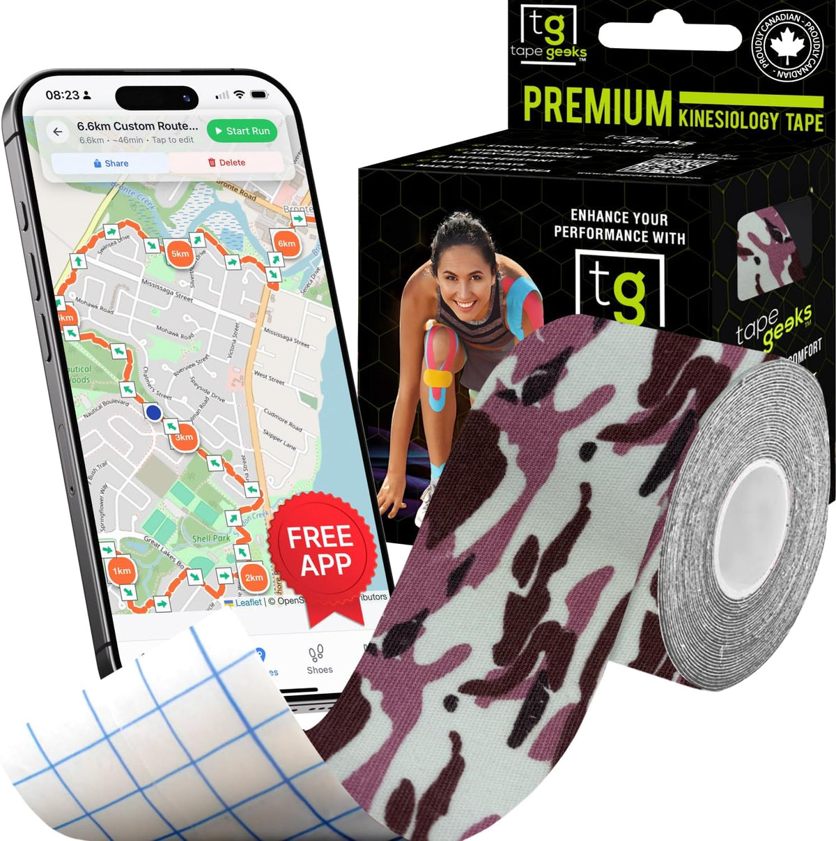 Pink camo TapeGeeks kinesiology tape roll beside packaging, designed for muscle stabilization, pain reduction, and all-sport performance.
