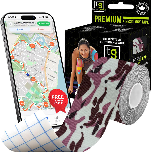Pink camo TapeGeeks kinesiology tape roll beside packaging, designed for muscle stabilization, pain reduction, and all-sport performance.