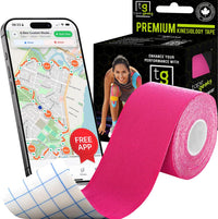 Hot pink TapeGeeks kinesiology tape roll paired with packaging, made for muscle stabilization and enhanced athletic performance.