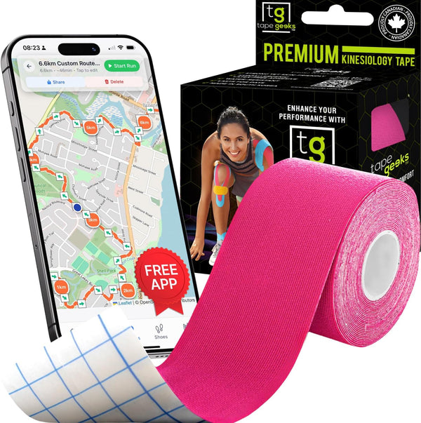 Hot pink TapeGeeks kinesiology tape roll paired with packaging, made for muscle stabilization and enhanced athletic performance.