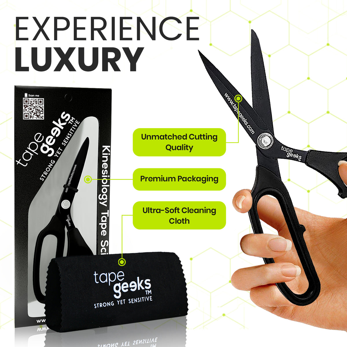 A hand holding TapeGeeks kinesiology scissors with packaging and microfiber cloths shown below, highlighting the bundle contents and premium cutting performance.

