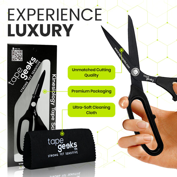A hand holding TapeGeeks kinesiology scissors with packaging and microfiber cloths shown below, highlighting the bundle contents and premium cutting performance.