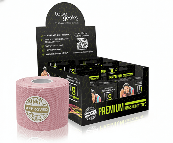 TapeGeeks pink premium kinesiology tape roll, hypoallergenic latex-free adhesive, strong yet gentle support for athletic and injury recovery