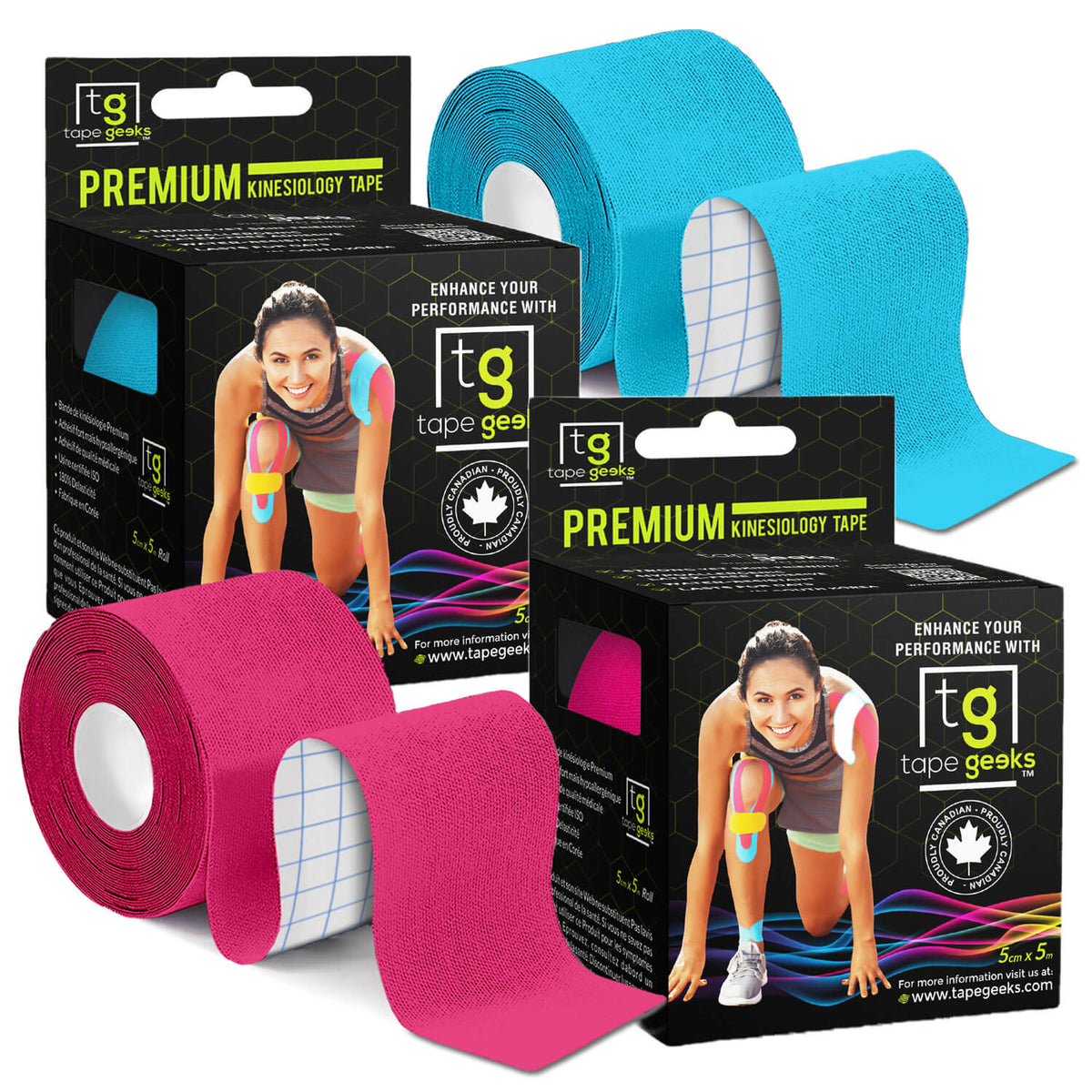 Two rolls of TapeGeeks premium kinesiology tape with packaging, designed for muscle support, pain relief, and running recovery.
