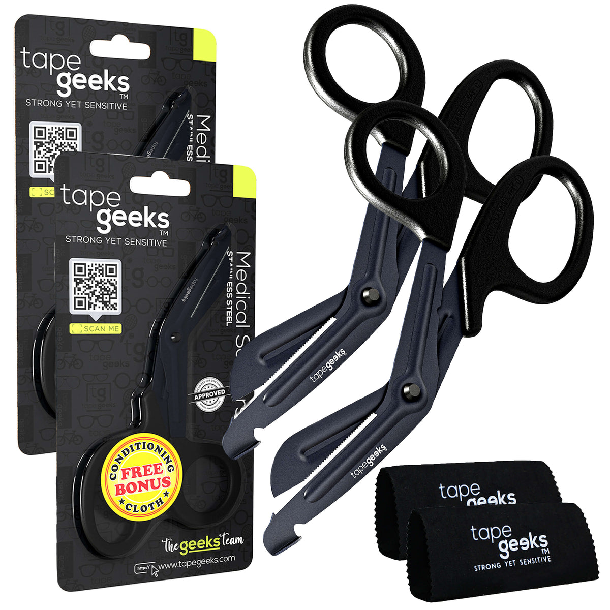 Two TapeGeeks medical scissors with black resin handles and serrated stainless steel blades shown next to branded microfiber cloths and packaging.
