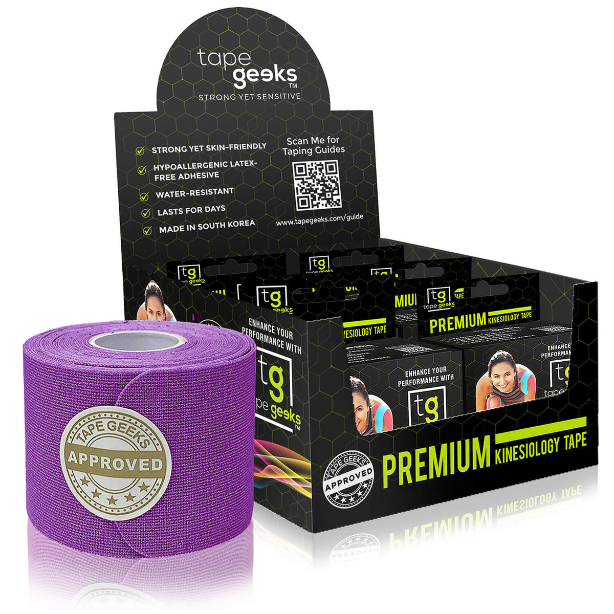 Purple TapeGeeks kinesiology tape provides reliable muscle support and flexible, hypoallergenic adhesive.