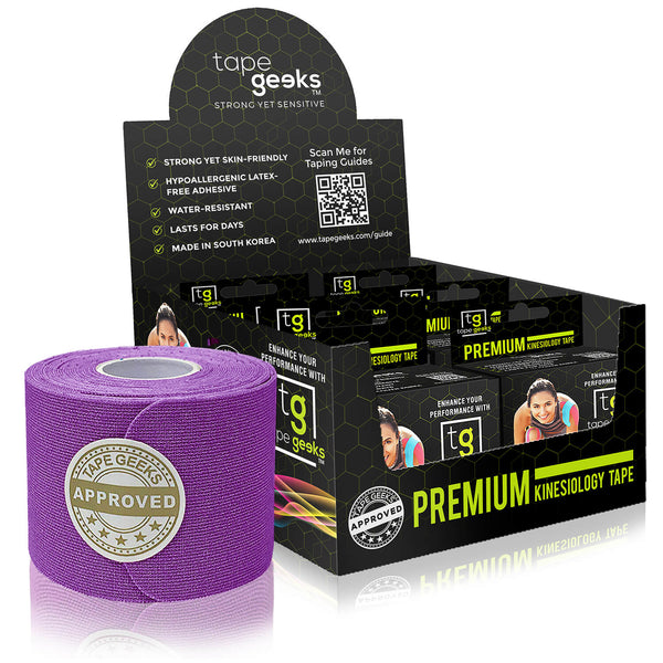 Purple TapeGeeks kinesiology tape provides reliable muscle support and flexible, hypoallergenic adhesive.