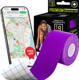 Purple TapeGeeks 2-inch kinesiology tape roll displayed beside the retail box, showing muscle support, water-resistant design, and premium athletic performance benefits.
