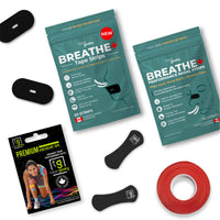 TapeGeeks Recovery Kit flat lay showing kinesiology tape, nasal strips, and mouth tape for athletes, designed to support muscle recovery, improve breathing, and enhance sleep.