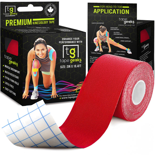 Red TapeGeeks kinesiology tape roll shown with product packaging, highlighting strong adhesion, flexibility, and athletic recovery benefits.