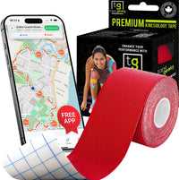 Red TapeGeeks kinesiology tape roll shown with product packaging, highlighting strong adhesion, flexibility, and athletic recovery benefits.