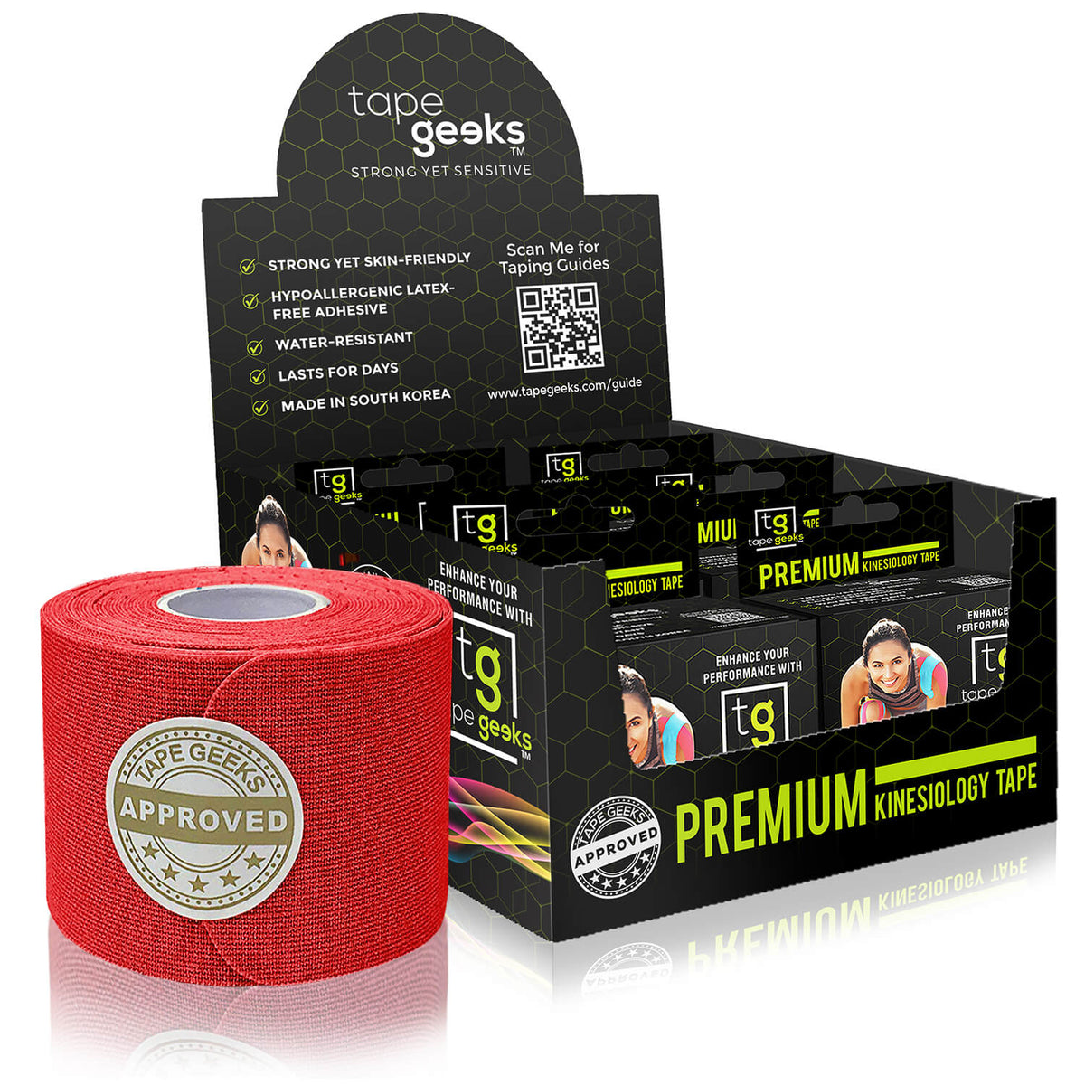 Red TapeGeeks kinesiology tape roll for durable, flexible joint support and athletic recovery use.