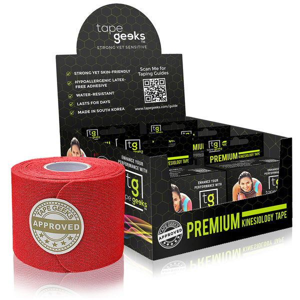 Red TapeGeeks kinesiology tape roll for durable, flexible joint support and athletic recovery use.
