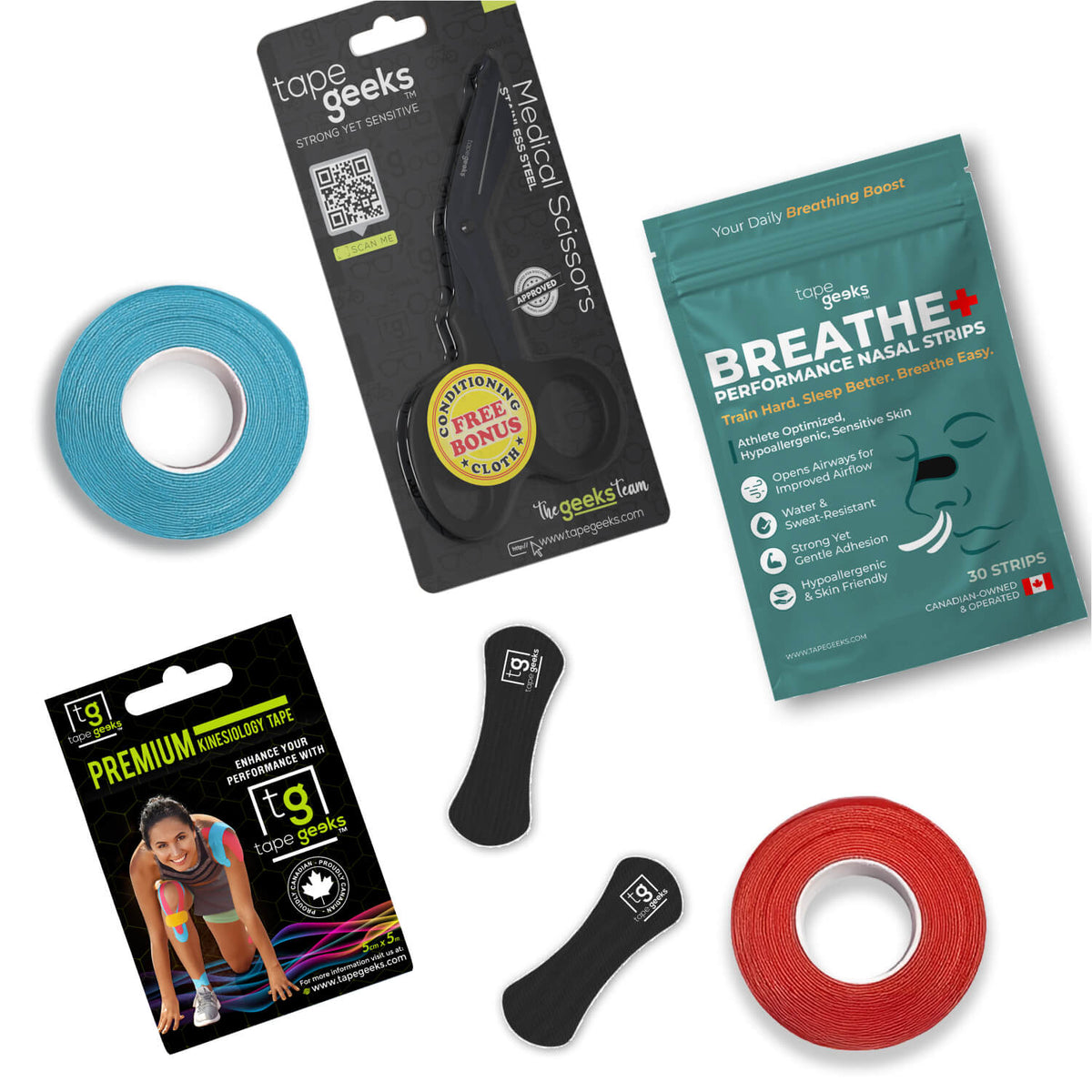 Complete TapeGeeks Runner’s Kit including kinesiology tape rolls, nasal strips, and medical scissors arranged together for a running performance and recovery bundle.

