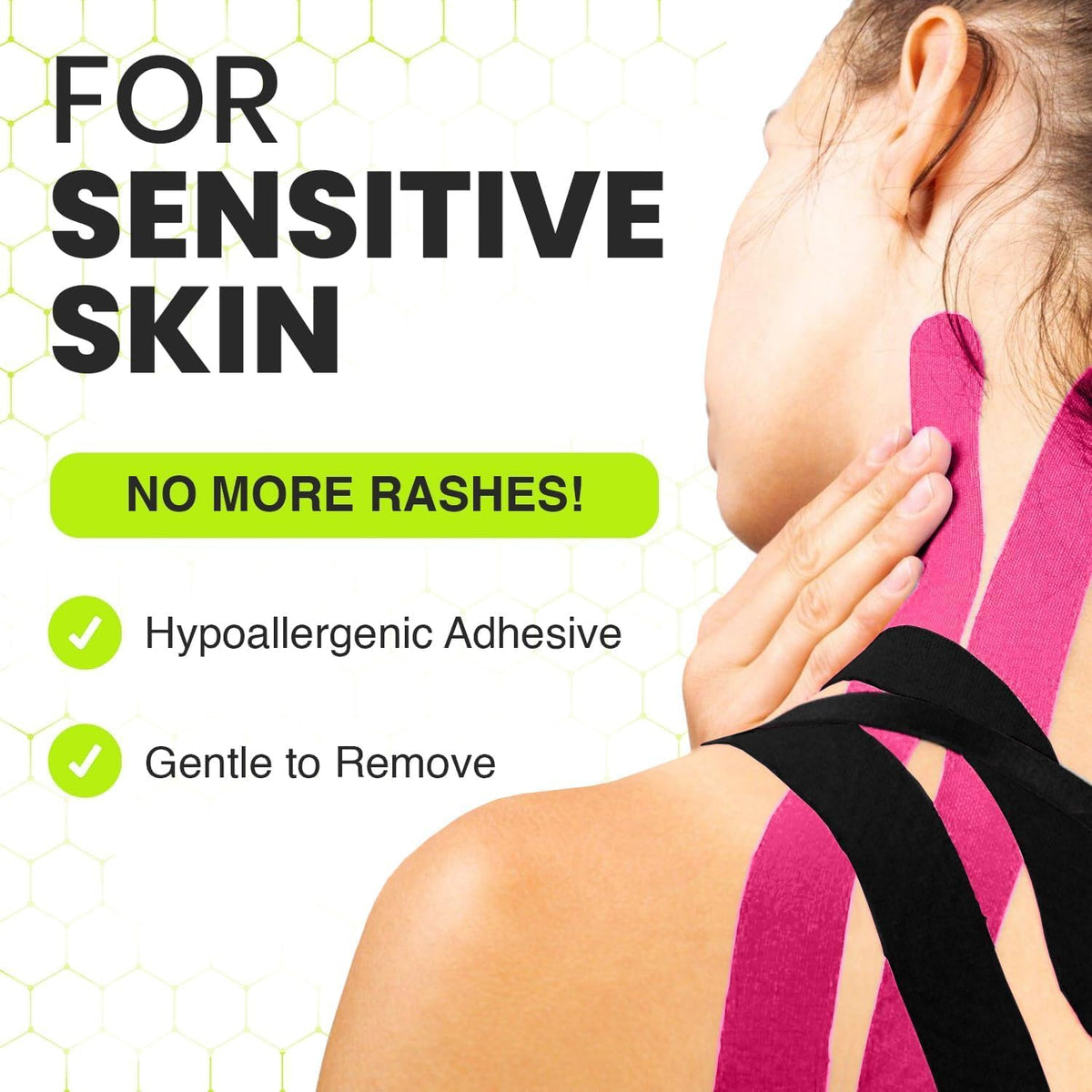 Pink and black TapeGeeks kinesiology tape on neck and shoulder, hypoallergenic adhesive gentle for sensitive skin.