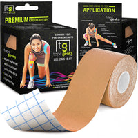 Beige TapeGeeks kinesiology tape roll with packaging, matching natural skin tone for discreet muscle support during sports and daily movement.