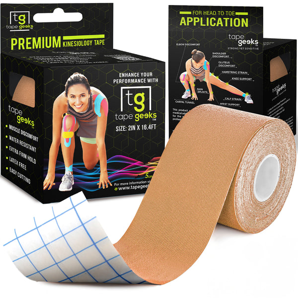 Beige TapeGeeks kinesiology tape roll with packaging, matching natural skin tone for discreet muscle support during sports and daily movement.