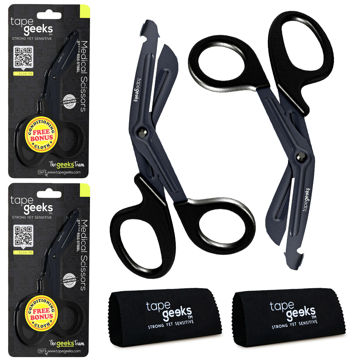 TapeGeeks trauma shears bundle displaying two pairs of medical scissors with angled handles, stainless steel blades, and bonus cleaning cloths beside the retail packaging.
