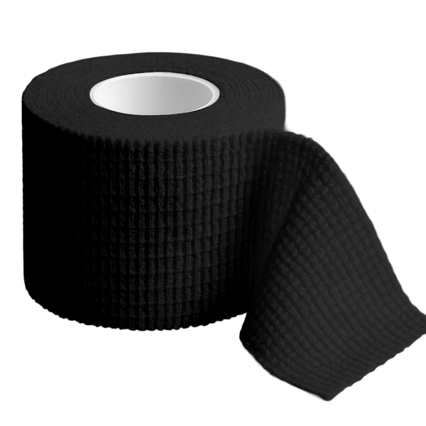 Black roll of TapeGeeks weightlifting tape with a grippy woven texture, partially unrolled to show the stretchable, skin-friendly design used for protecting thumbs, fingers, and joints during CrossFit and strength training.