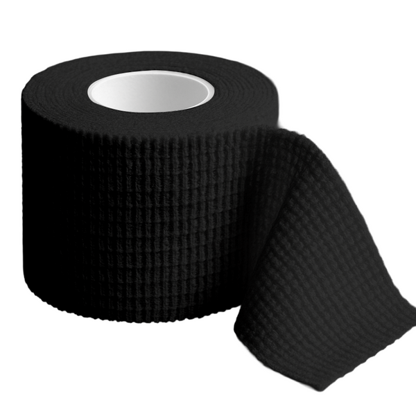 Black roll of TapeGeeks weightlifting tape with a grippy woven texture, partially unrolled to show the stretchable, skin-friendly design used for protecting thumbs, fingers, and joints during CrossFit and strength training.