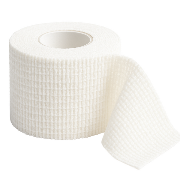 White roll of TapeGeeks weightlifting tape with a textured, flexible finish, shown unrolled to display its breathable cotton material used for thumb protection, hook grip support, and blister prevention during heavy lifting.