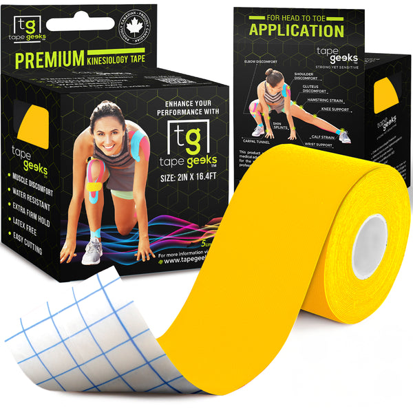 Yellow TapeGeeks 2-inch premium kinesiology tape roll shown with packaging, designed for muscle support, injury prevention, and athletic recovery.