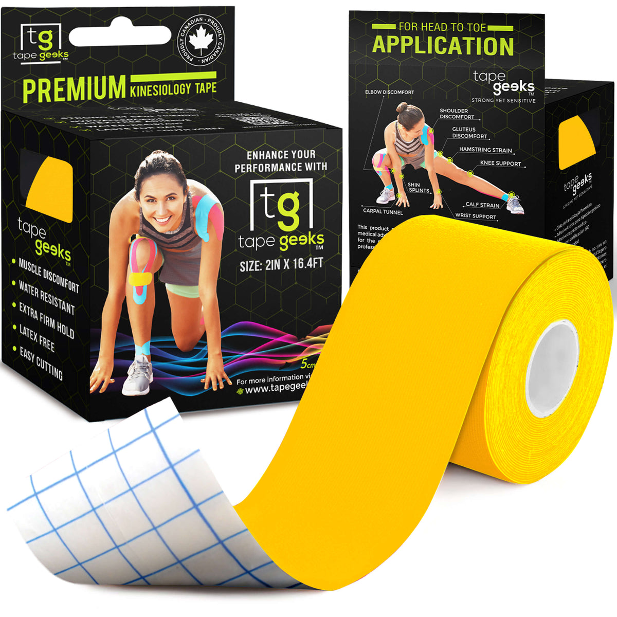 Yellow TapeGeeks 2-inch premium kinesiology tape roll shown with packaging, designed for muscle support, injury prevention, and athletic recovery.
