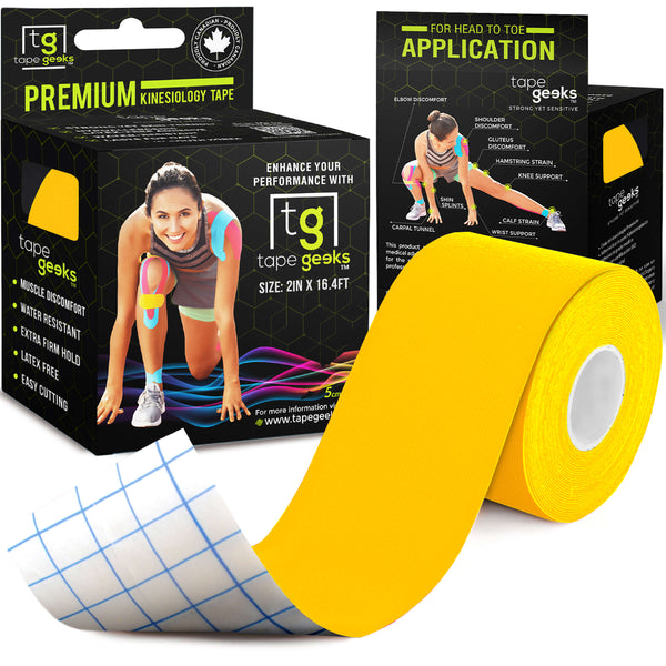 Yellow TapeGeeks 2-inch premium kinesiology tape roll shown with packaging, designed for muscle support, injury prevention, and athletic recovery.