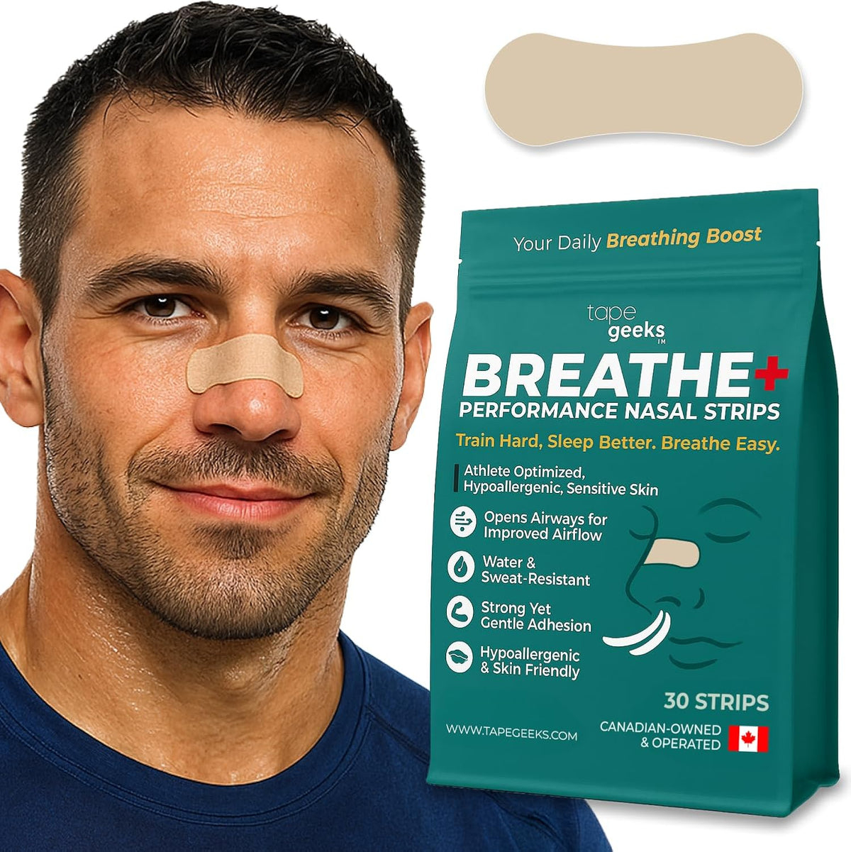 A man wearing a beige TapeGeeks nasal strip on his nose to improve airflow and reduce snoring, shown beside the Breathe+ nasal strip package.
