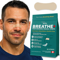 A man wearing a beige TapeGeeks nasal strip on his nose to improve airflow and reduce snoring, shown beside the Breathe+ nasal strip package.