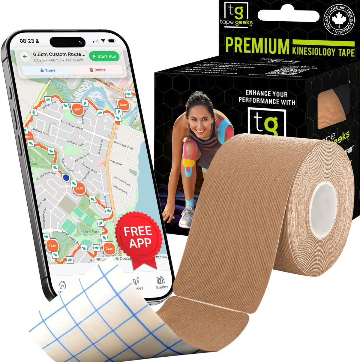 TapeGeeks 2-inch beige kinesiology tape roll, precut for easy use, durable athletic support, shown with free app for guidance.
