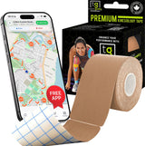 TapeGeeks 2-inch beige kinesiology tape roll, precut for easy use, durable athletic support, shown with free app for guidance.
