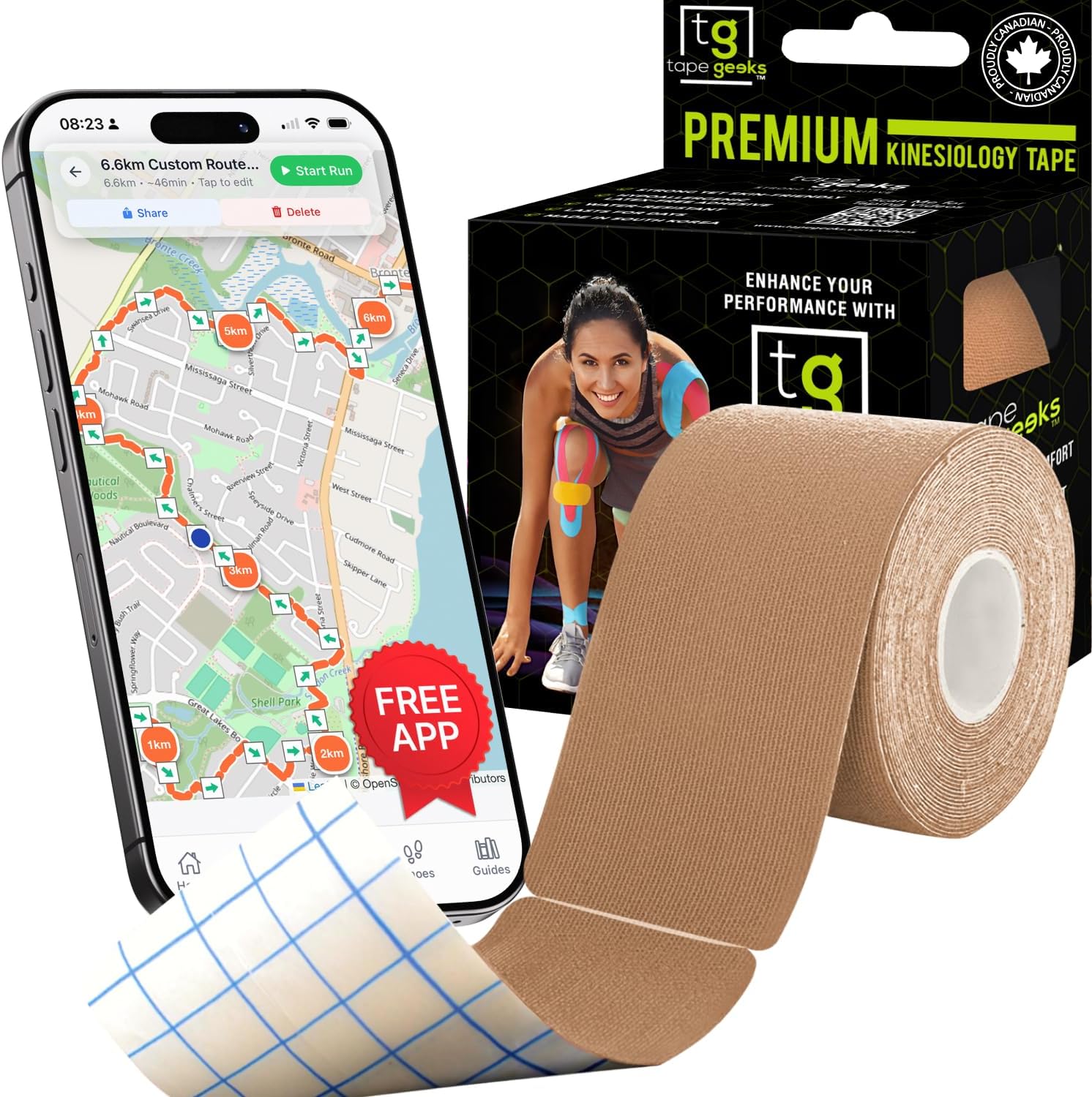 TapeGeeks 2-inch beige kinesiology tape roll, precut for easy use, durable athletic support, shown with free app for guidance.
