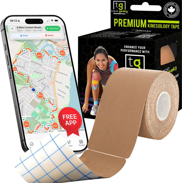 TapeGeeks 2-inch beige kinesiology tape roll, precut for easy use, durable athletic support, shown with free app for guidance.
