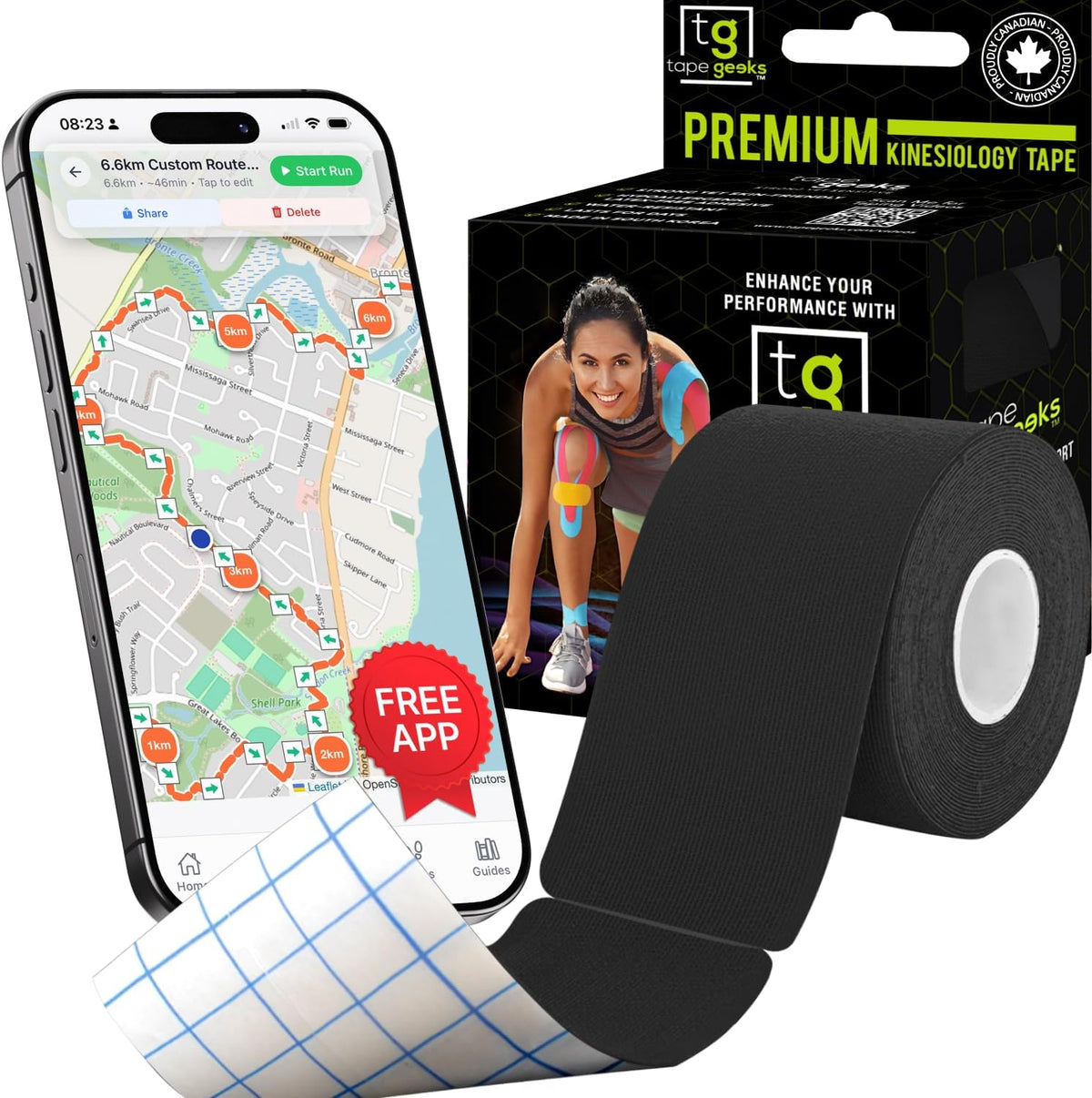 TapeGeeks 2-inch black precut kinesiology tape roll with app, strong adhesive for muscle support and pain relief.
