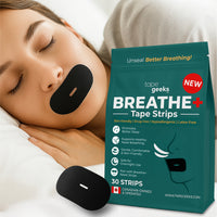 A woman sleeping peacefully with TapeGeeks Breathe+ mouth tape applied across her lips, shown beside the product pouch. Highlights the hypoallergenic, latex-free strip designed to support nasal breathing and reduce snoring for deeper sleep.