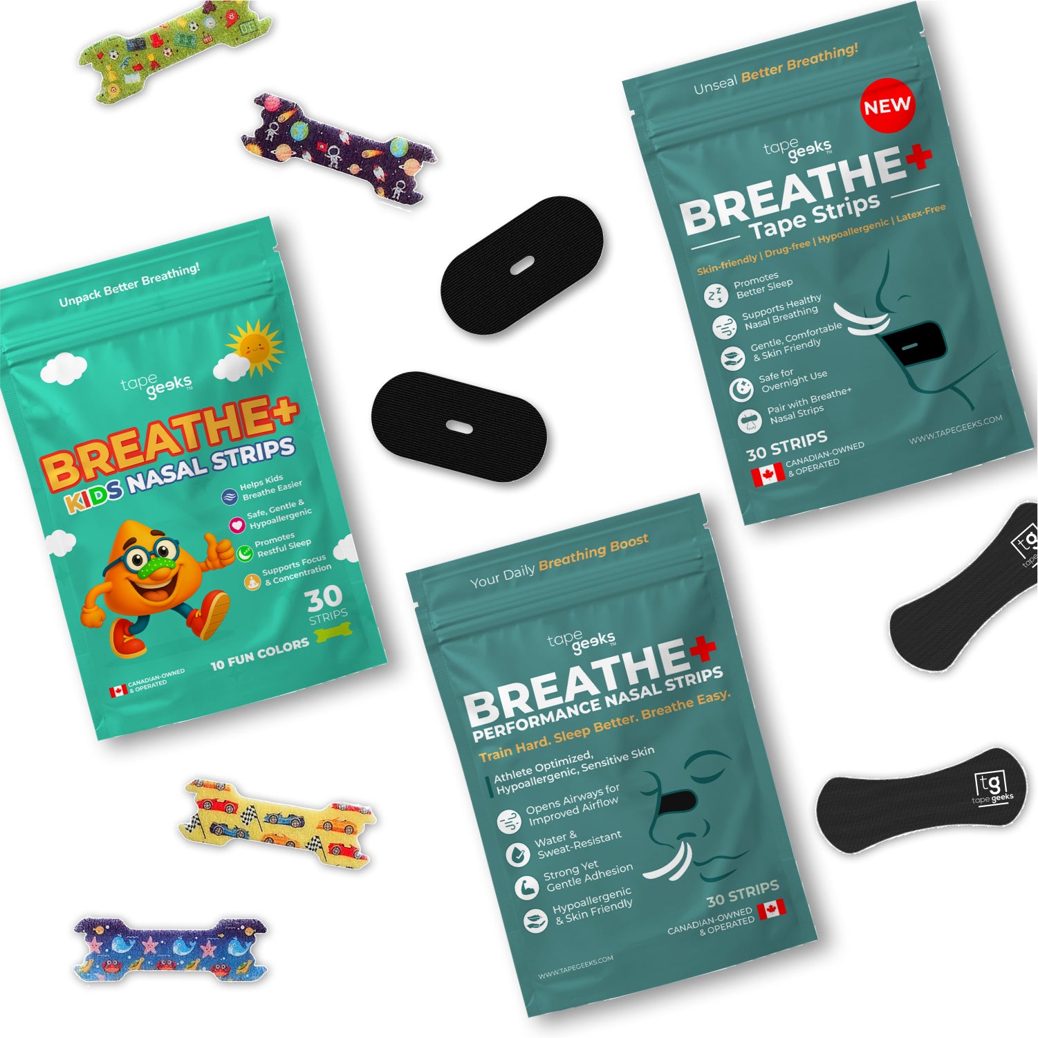 The complete TapeGeeks Family Sleep Kit displayed with adult nasal strips, kids nasal strips, and mouth tape, showing all components designed to improve breathing and support deeper family sleep.
