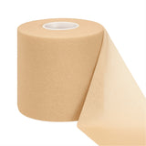 Beige TapeGeeks foam underwrap roll with a sheet pulled forward, showing the soft, non-adhesive athletic pre-wrap used under sports tape for added comfort, skin protection, and secure taping.

