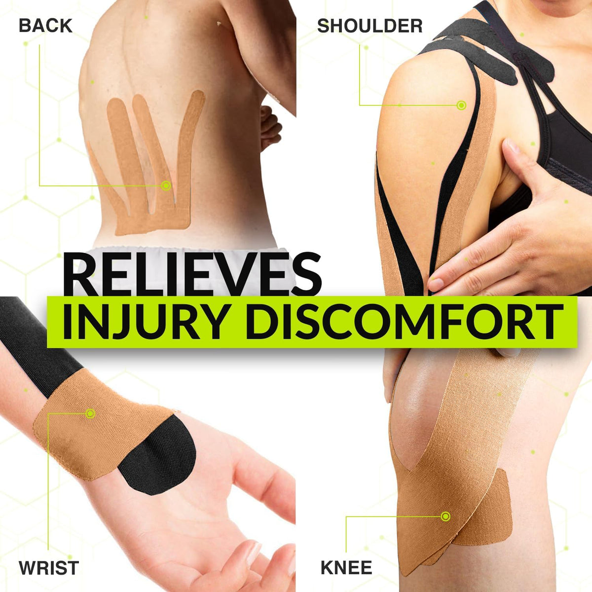 Precut TapeGeeks kinesiology tape applied to back, shoulder, wrist, and knee to relieve discomfort and support recovery.
