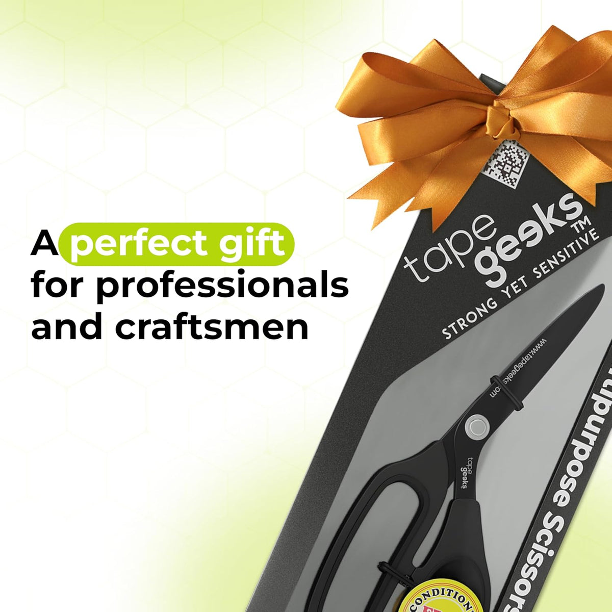 TapeGeeks kinesiology tape scissors shown in gift-ready packaging with an orange ribbon, promoting the scissors as a premium gift for professionals, therapists, and craftsmen.
