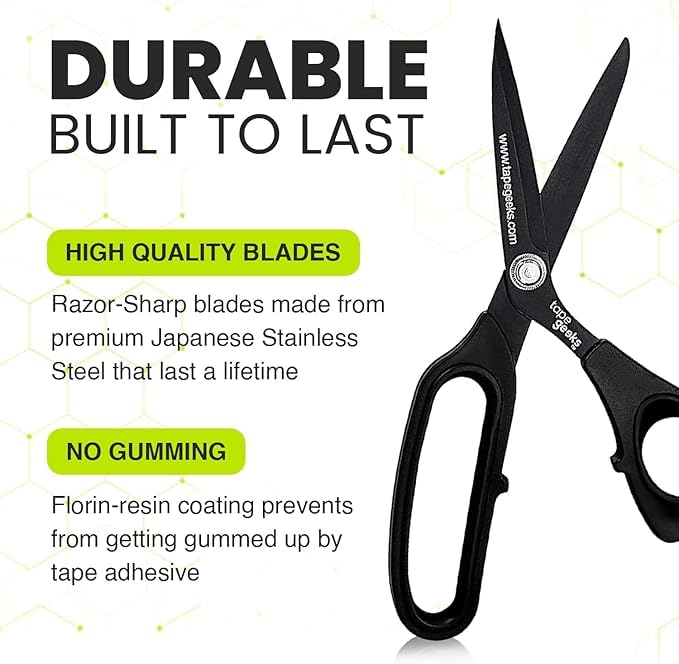 TapeGeeks kinesiology tape scissors featuring long-lasting Japanese stainless steel blades and non-gumming coating, shown with durability and high-quality blade callouts.
