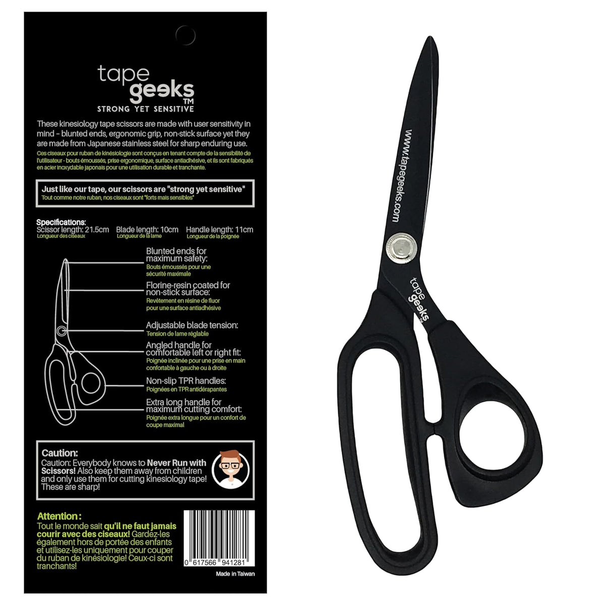 Kinesiology tape scissors by TapeGeeks shown with black carbon and fluorine-resin coated blades and ergonomic non-slip handles, featuring blunted safety tips and angled grip for smooth, precise kinesiology tape cutting.
