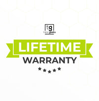 Lifetime warranty badge for TapeGeeks kinesiology tape scissors, highlighting durable Japanese stainless steel construction and long-term product reliability.